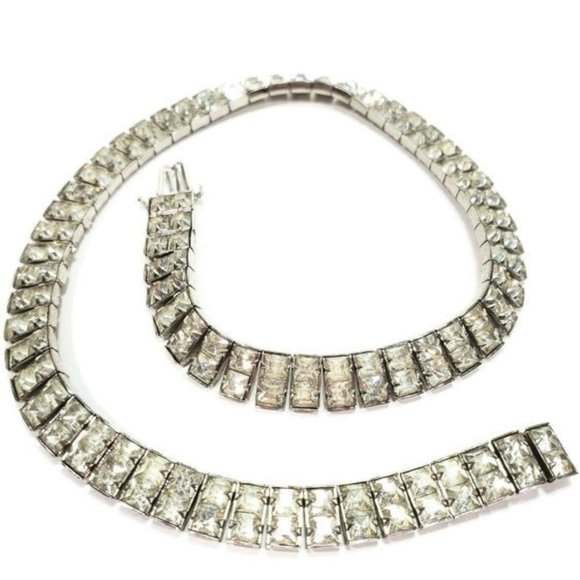 Silver Tone Channel Rhinestone Necklace Collar 14" - Picture 6 of 8